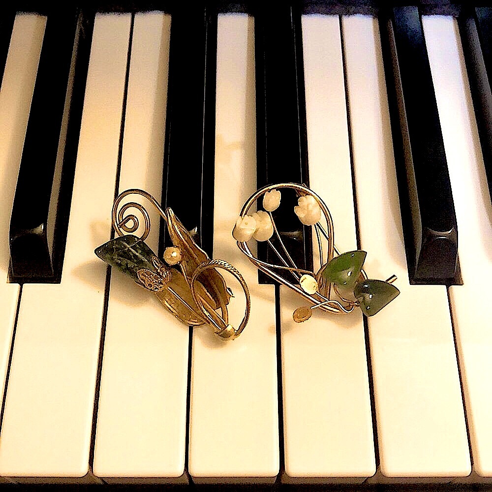 Two vintage gold tone pearl and jade brooches